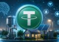 Logo de criptomoneda Tether (USDT) sobre maqueta de ciudad inteligente impulsada por energía solar y agua con iconos tecnológicos digitales
