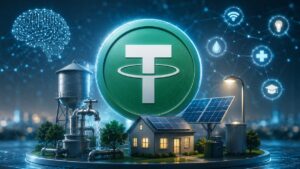 Logo de criptomoneda Tether (USDT) sobre maqueta de ciudad inteligente impulsada por energía solar y agua con iconos tecnológicos digitales