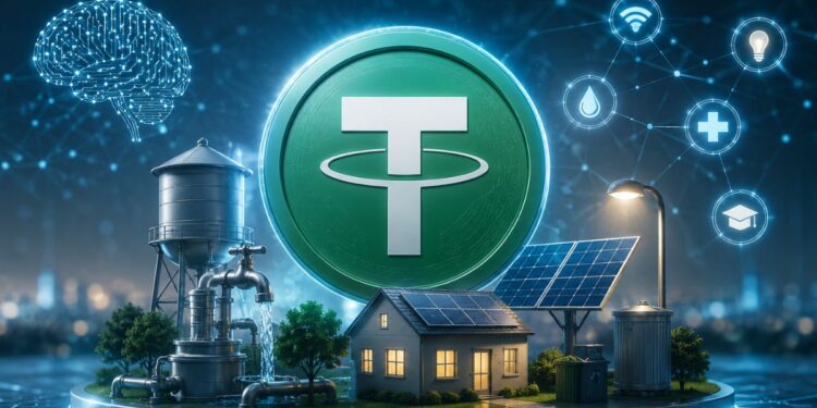 Logo de criptomoneda Tether (USDT) sobre maqueta de ciudad inteligente impulsada por energía solar y agua con iconos tecnológicos digitales