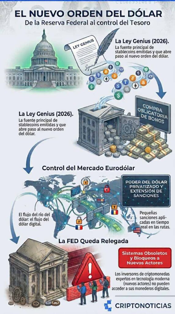 Infografía de diagrama de flujo vertical con el título "EL NUEVO ORDEN DEL DÓLAR" y el subtítulo "De la Reserva Federal al control del Tesoro". Muestra cuatro etapas conectadas por flechas descendentes con iconos y texto: primero, la Ley GENIUS (2026) regula a los emisores privados de stablecoins; segundo, el Tesoro de EE.UU. obliga a estos emisores a comprar bonos del Tesoro para respaldar sus tokens; tercero, esto permite el control del mercado eurodólar, privatizando el poder y extendiendo sanciones financieras; y cuarto, la Reserva Federal queda relegada por sus sistemas obsoletos y el bloqueo a nuevos actores. Esquema de colores azul institucional, con un espacio para el logotipo en la esquina inferior derecha.