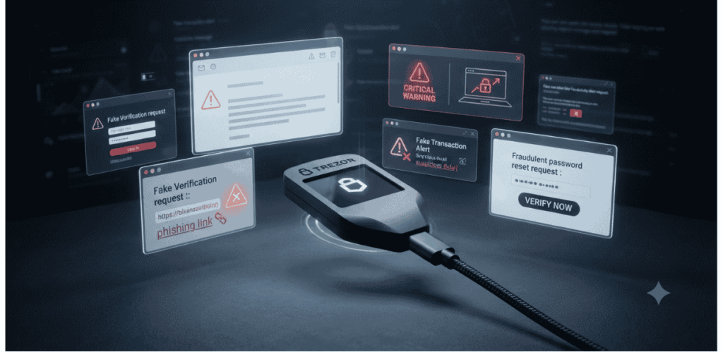 Una wallet Trezor. Alertas de pishing.