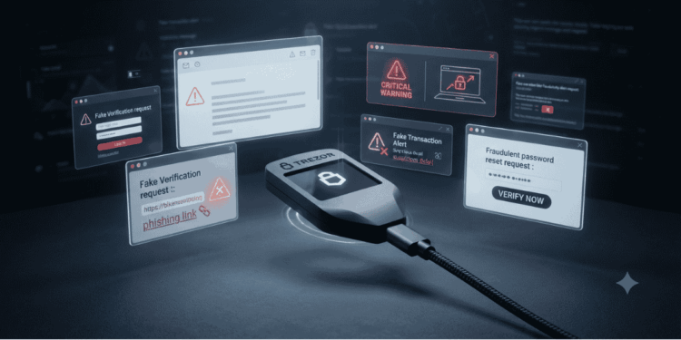 Una wallet Trezor. Alertas de pishing.