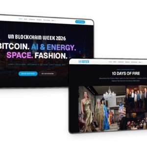 Mockups del sitio UN Blockchain Week 2026 con pasarela y eventos.