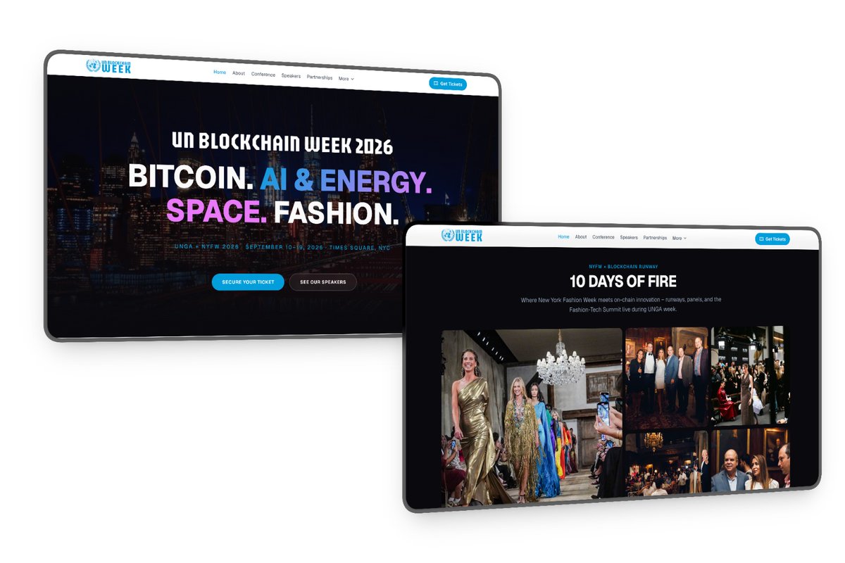 Mockups del sitio UN Blockchain Week 2026 con pasarela y eventos.