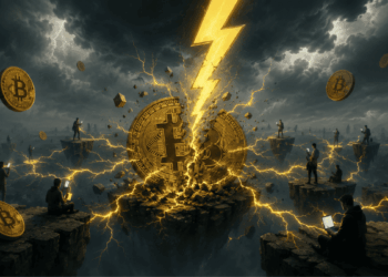 Una moneda de Bitcoin siendo atravesada por un rayo amarillo.