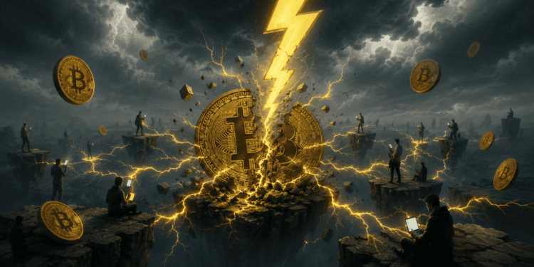 Una moneda de Bitcoin siendo atravesada por un rayo amarillo.