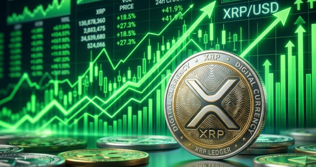 Una moneda de XRP con un fondo de gráficos en verde