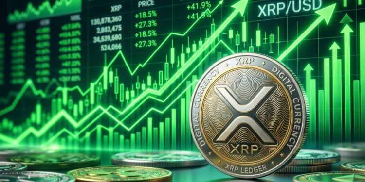 Una moneda de XRP con un fondo de gráficos en verde