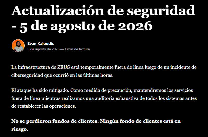 Comunicado de la wallet de Bitcoin ZEUS.