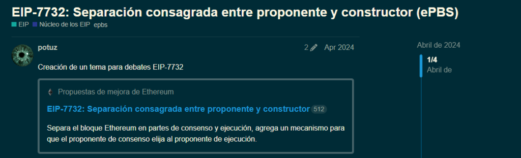 Datos de una propuesta de desarrollo para Ethereum.