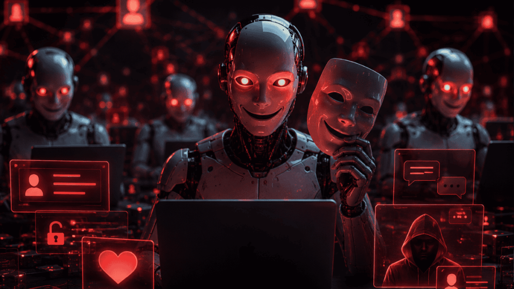 Robots que simbolizan agentes de IA con máscaras, ocultando su verdadera identidad maliciosa.