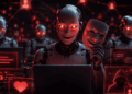 Robots que simbolizan agentes de IA con máscaras, ocultando su verdadera identidad maliciosa.
