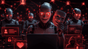 Robots que simbolizan agentes de IA con máscaras, ocultando su verdadera identidad maliciosa.