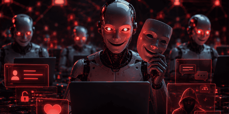Robots que simbolizan agentes de IA con máscaras, ocultando su verdadera identidad maliciosa.
