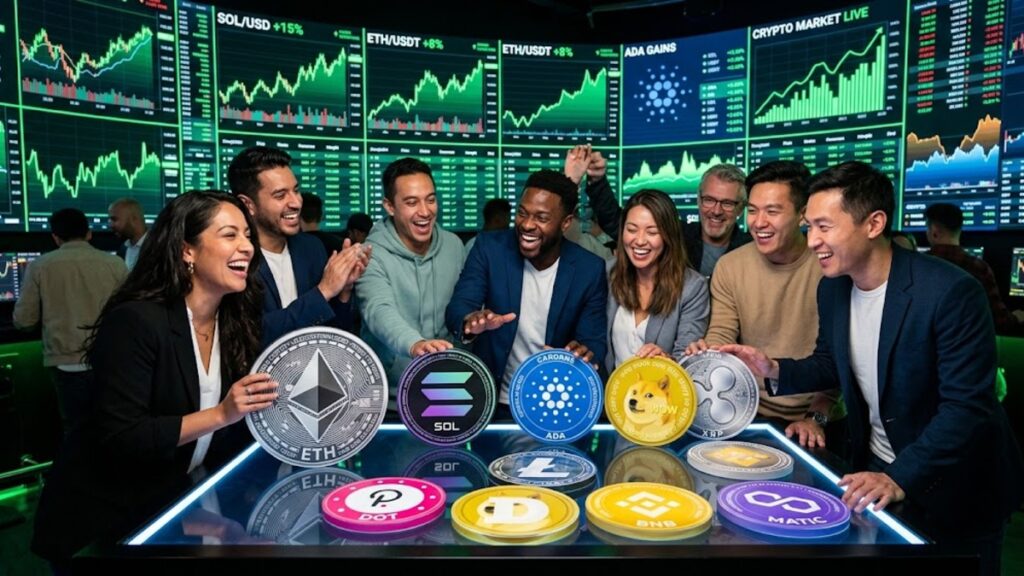 Personas con actitud optimista rodeando varias criptomonedas, menos bitcoin. Con gráficos de mercado en verde en el fondo.