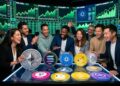 Personas con actitud optimista rodeando varias criptomonedas, menos bitcoin. Con gráficos de mercado en verde en el fondo.