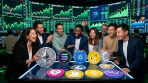 Personas con actitud optimista rodeando varias criptomonedas, menos bitcoin. Con gráficos de mercado en verde en el fondo.