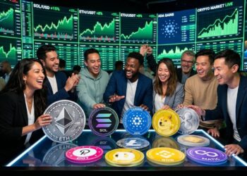 Personas con actitud optimista rodeando varias criptomonedas, menos bitcoin. Con gráficos de mercado en verde en el fondo.
