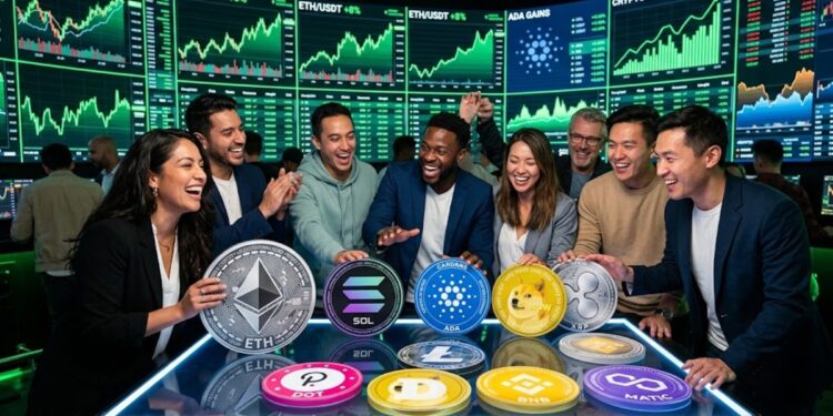 Personas con actitud optimista rodeando varias criptomonedas, menos bitcoin. Con gráficos de mercado en verde en el fondo.