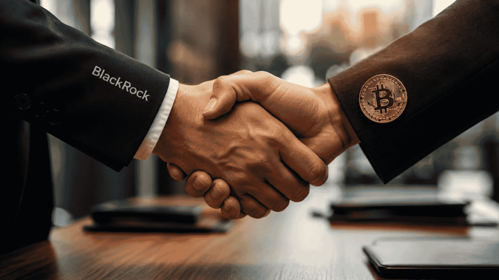 Apretón de manos simbólico entre BlackRock y Bitcoin.