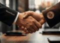 Apretón de manos simbólico entre BlackRock y Bitcoin.