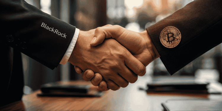 Apretón de manos simbólico entre BlackRock y Bitcoin.