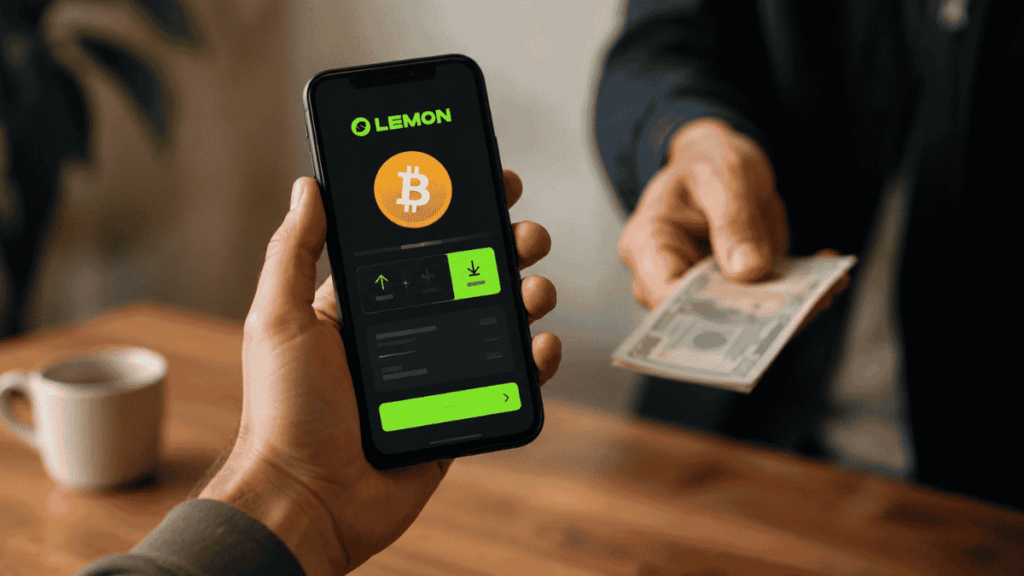 Persona vendiendo bitcoin en Lemon desde su teléfono.