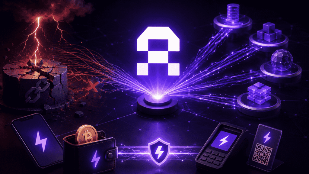 Ilustración conceptual de Arkade con una red Lightning conectada a múltiples proveedores y un sistema central protegido frente a fallas.