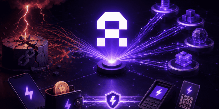 Ilustración conceptual de Arkade con una red Lightning conectada a múltiples proveedores y un sistema central protegido frente a fallas.