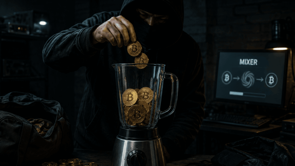 Persona encapuchada metiendo monedas de bitcoin en una máquina mezcladora.