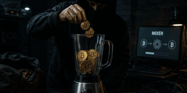 Persona encapuchada metiendo monedas de bitcoin en una máquina mezcladora.