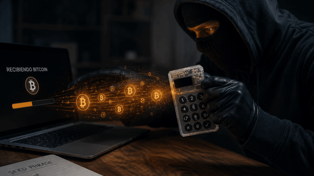 Imagen conceptual que muestra a un ladrón robando bitcoin de una wallet Coldcard.