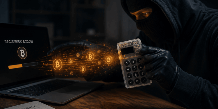 Imagen conceptual que muestra a un ladrón robando bitcoin de una wallet Coldcard.