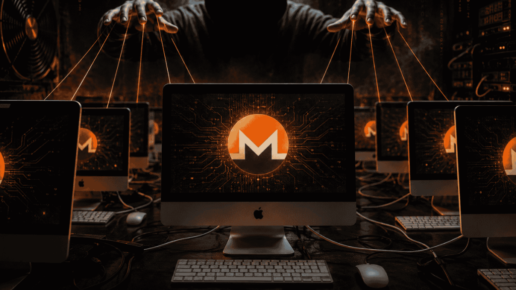 Un atacante maneja como marionetas a computadoras Mac, con el logo de Monero en sus monitores.
