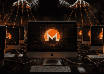 Un atacante maneja como marionetas a computadoras Mac, con el logo de Monero en sus monitores.