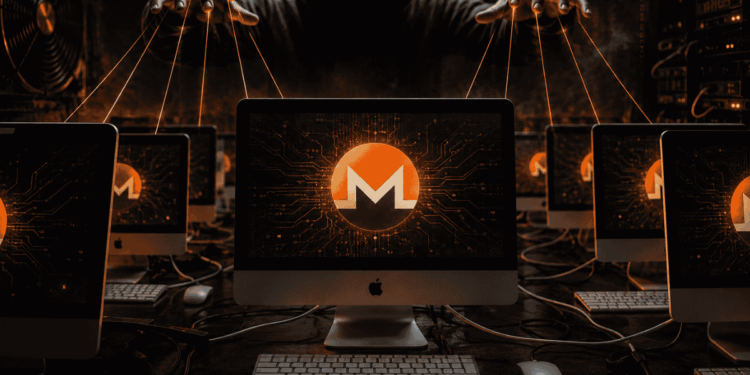 Un atacante maneja como marionetas a computadoras Mac, con el logo de Monero en sus monitores.