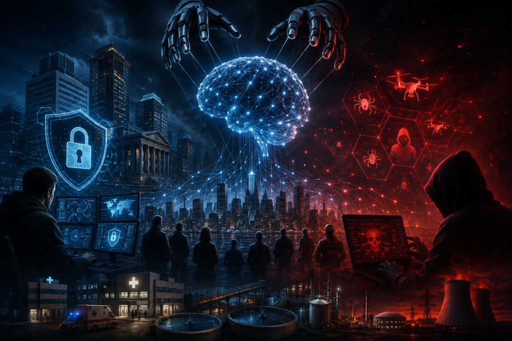 Ilustración de una inteligencia artificial enfrentada a una amenaza cibernética