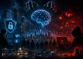 Ilustración de una inteligencia artificial enfrentada a una amenaza cibernética