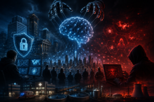 Ilustración de una inteligencia artificial enfrentada a una amenaza cibernética