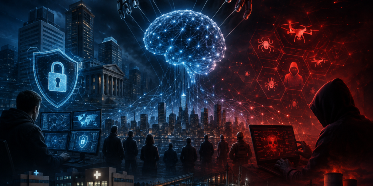 Ilustración de una inteligencia artificial enfrentada a una amenaza cibernética
