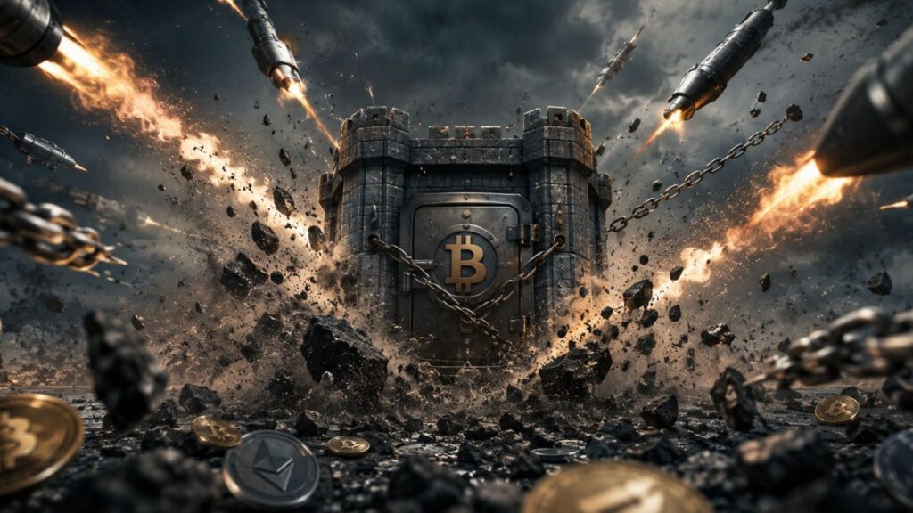 Fortaleza de Bitcoin bajo ataque de misiles y cadenas en terreno rocoso.