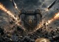 Fortaleza de Bitcoin bajo ataque de misiles y cadenas en terreno rocoso.