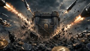 Fortaleza de Bitcoin bajo ataque de misiles y cadenas en terreno rocoso.