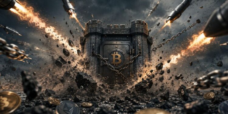 Fortaleza de Bitcoin bajo ataque de misiles y cadenas en terreno rocoso.