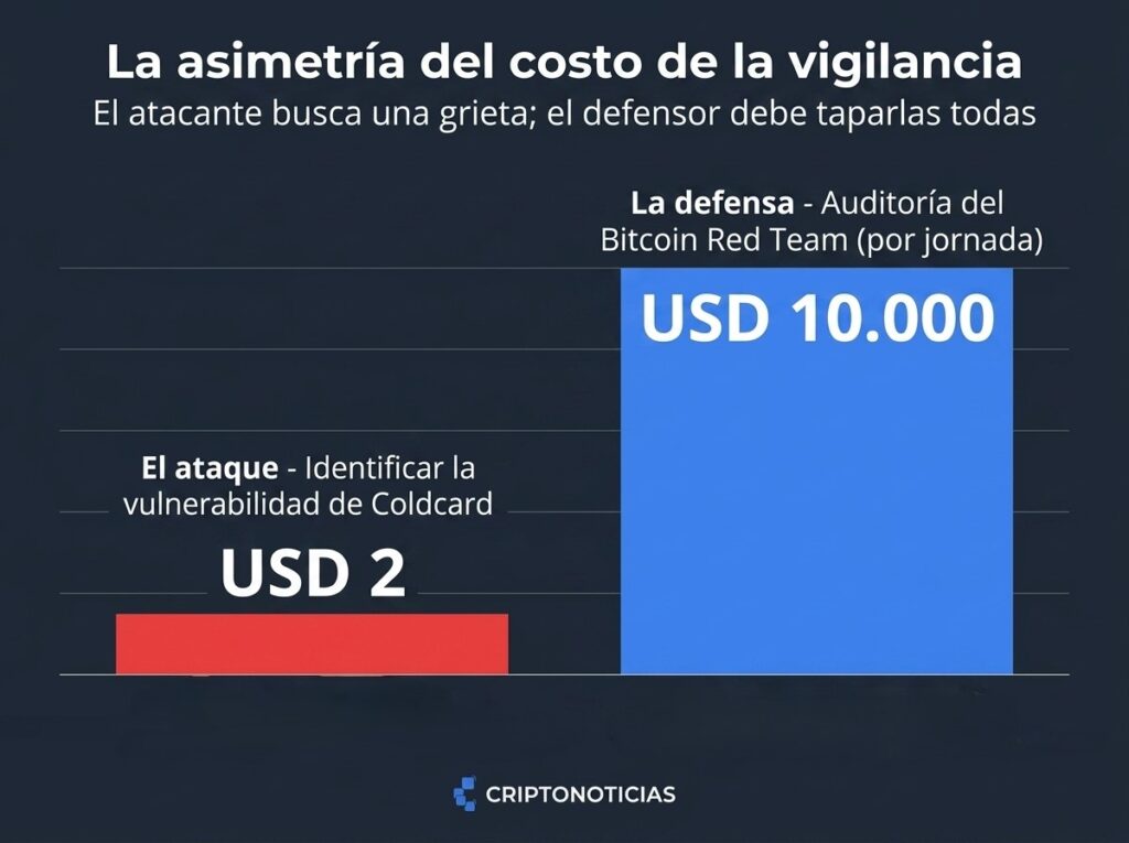 Infografía de CriptoNoticias. Dos barras verticales: barra roja izquierda con $2 y etiqueta "El ataque - Identificar vulnerabilidad de Coldcard"; barra azul derecha con $10.000 y etiqueta "La defensa - Auditoría del Bitcoin Red Team (por jornada)". Título: "La asimetría del costo de la vigilancia". Subtítulo: "El atacante busca una grieta; el defensor debe taparlas todas". Fondo oscuro. Logo abajo.