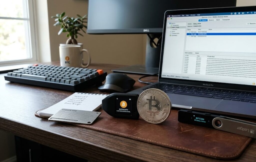 Una moneda de bitcoin en un escritorio con hardware wallets y laptops.