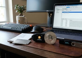 Una moneda de bitcoin en un escritorio con hardware wallets y laptops.