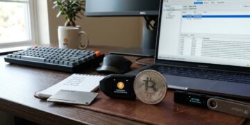 Una moneda de bitcoin en un escritorio con hardware wallets y laptops.