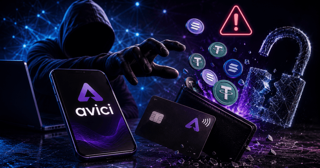 Hacker frente a dispositivos Avici, tarjetas y criptomonedas, con un candado digital vulnerado.