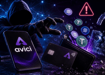 Hacker frente a dispositivos Avici, tarjetas y criptomonedas, con un candado digital vulnerado.